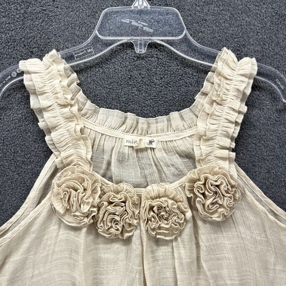 Mine Top Womens Small‎ Beige Ruffle Sleeveless Blouse semi sheer flower neck - Picture 3 of 14